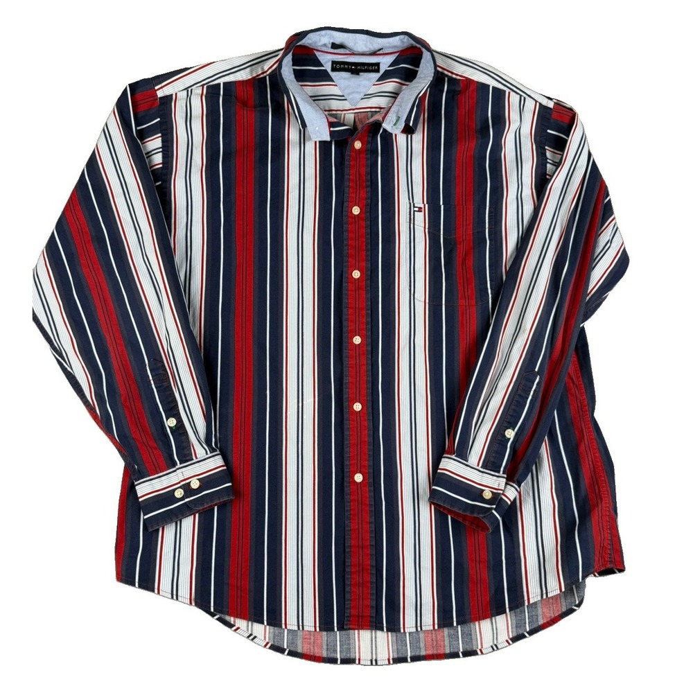Tommy Hilfiger Mens XL Button Down Shirt Red Navy White Striped Long Sleeve